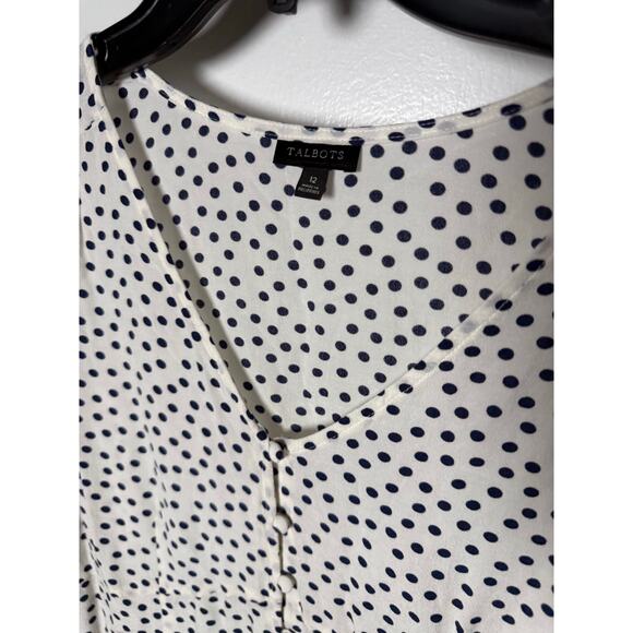 Talbots White Navy Polka Dot V-neck Button Down Blouse Top Size 12 Workwear - Picture 4 of 7